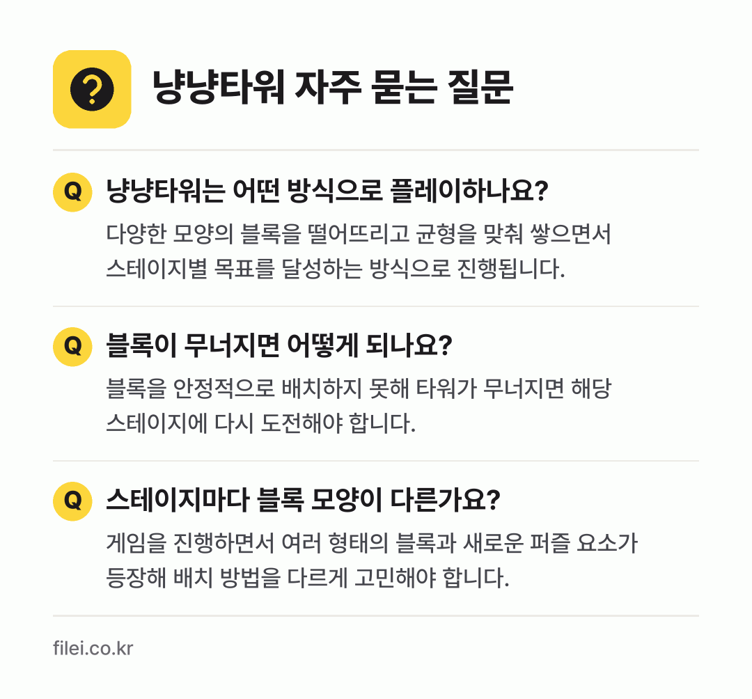 냥냥타워 자주 묻는 질문: 냥냥타워는 어떤 방식으로 플레이하나요? / 블록이 무너지면 어떻게 되나요? / 스테이지마다 블록 모양이 다른가요?