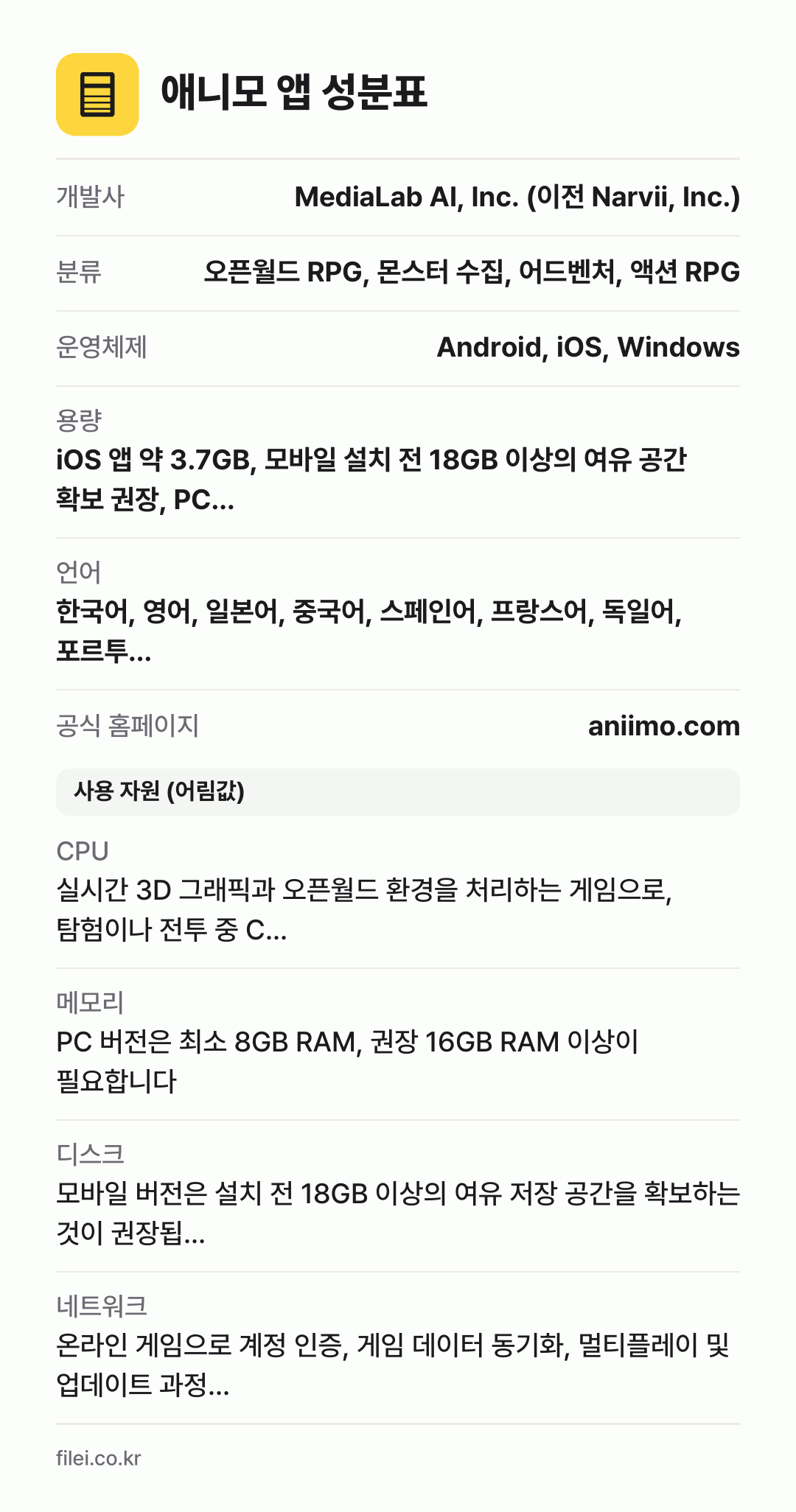 애니모 앱 성분표: 개발사 MediaLab AI, Inc. (이전 Narvii, Inc.), 분류 오픈월드 RPG, 몬스터 수집, 어드벤처, 액션 RPG, 운영체제 Android, iOS, Windows, 용량 iOS 앱 약 3.7GB, 모바일 설치 전 18GB 이상의 여유 공간 확보 권장, PC…, 언어 한국어, 영어, 일본어, 중국어, 스페인어, 프랑스