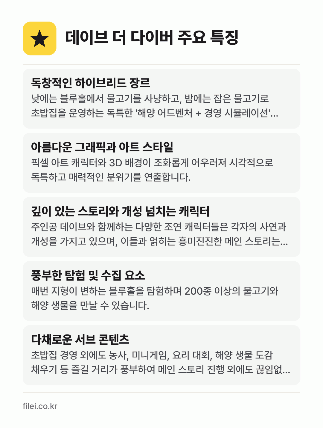 데이브 더 다이버 주요 특징: 독창적인 하이브리드 장르, 아름다운 그래픽과 아트 스타일, 깊이 있는 스토리와 개성 넘치는 캐릭터, 풍부한 탐험 및 수집 요소, 다채로운 서브 콘텐츠