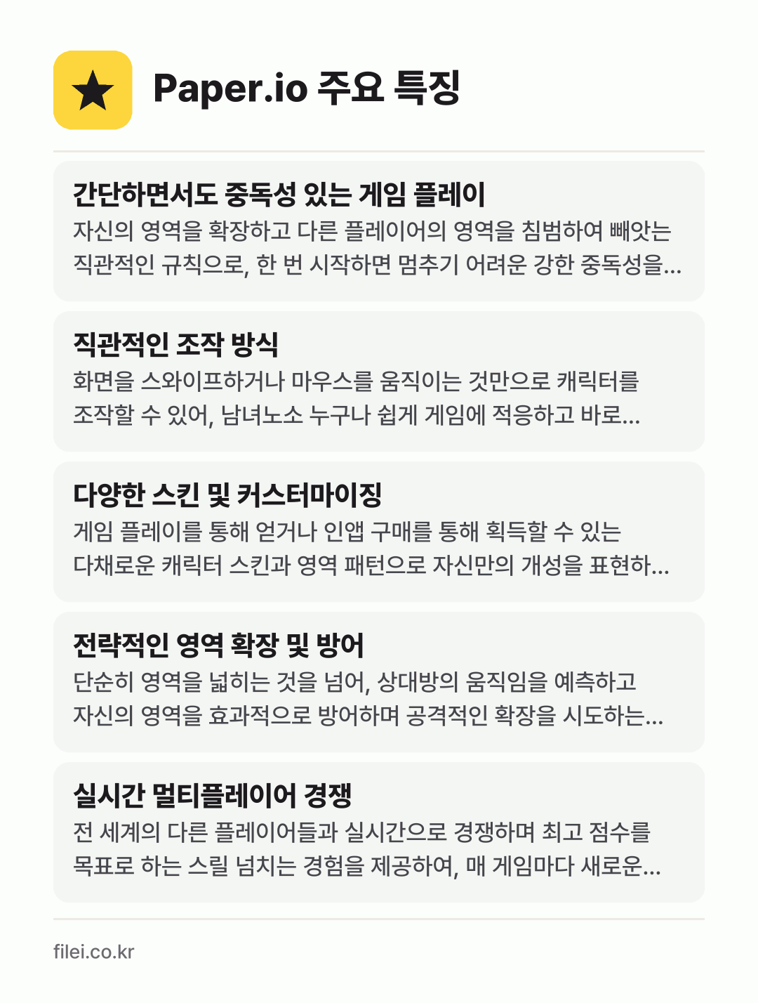 Paper.io 주요 특징: 간단하면서도 중독성 있는 게임 플레이, 직관적인 조작 방식, 다양한 스킨 및 커스터마이징, 전략적인 영역 확장 및 방어, 실시간 멀티플레이어 경쟁