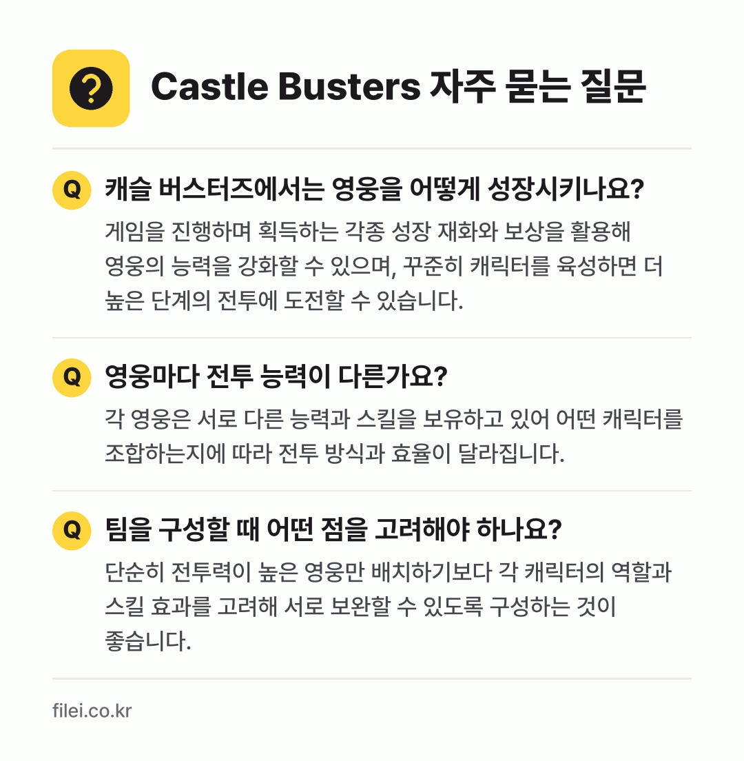 Castle Busters 자주 묻는 질문: 캐슬 버스터즈에서는 영웅을 어떻게 성장시키나요? / 영웅마다 전투 능력이 다른가요? / 팀을 구성할 때 어떤 점을 고려해야 하나요?