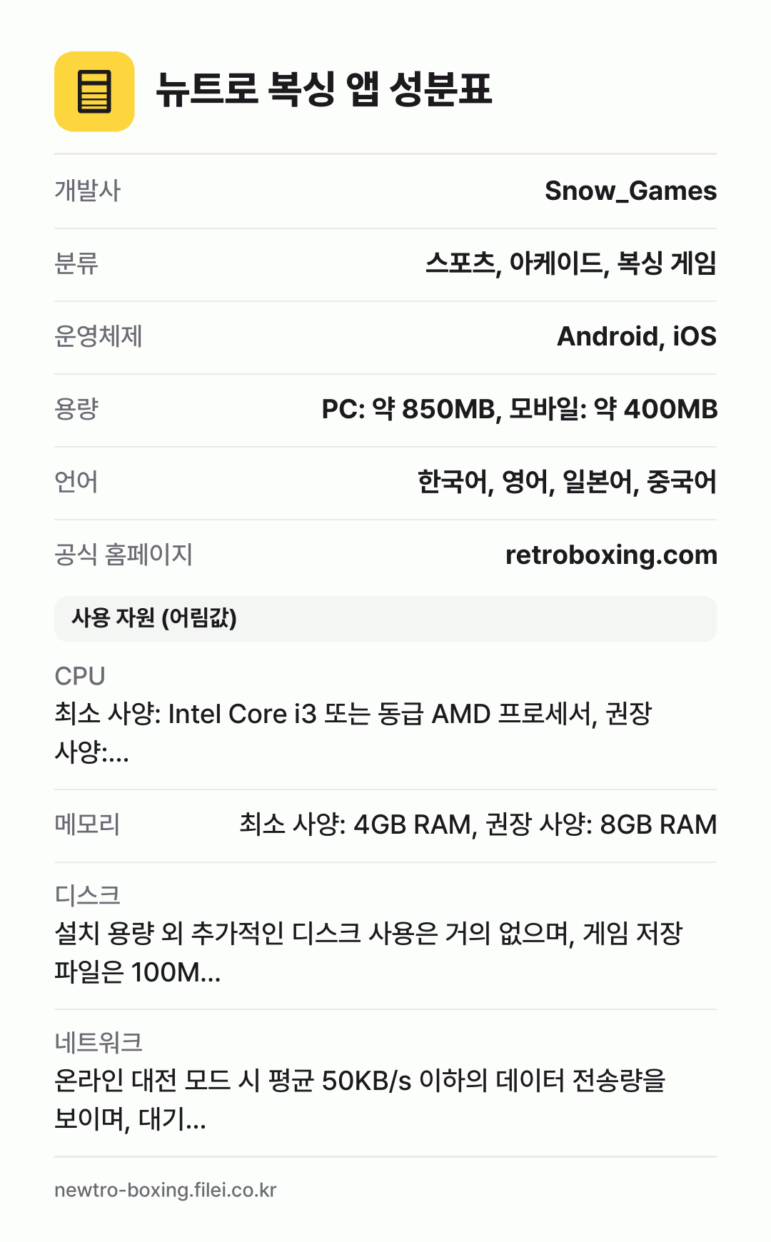 뉴트로 복싱 앱 성분표: 개발사 Snow_Games, 분류 스포츠, 아케이드, 복싱 게임, 운영체제 Android, iOS, 용량 PC: 약 850MB, 모바일: 약 400MB, 언어 한국어, 영어, 일본어, 중국어