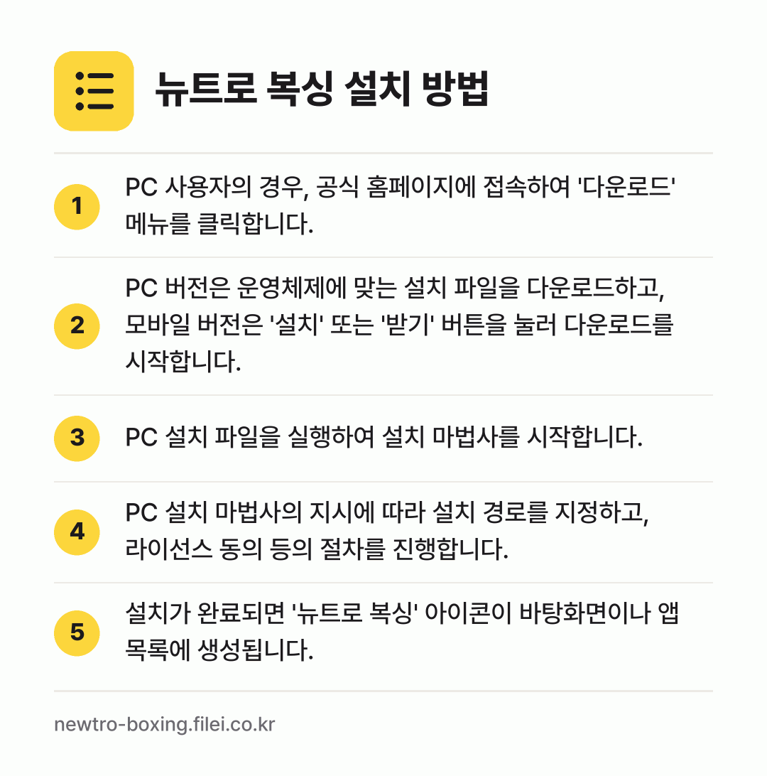 뉴트로 복싱 설치 방법: PC 사용자의 경우, 공식 홈페이지에 접속… → PC 버전은 운영체제에 맞는 설치 파일을… → PC 설치 파일을 실행하여 설치 마법사를… → PC 설치 마법사의 지시에 따라 설치 경로… → 설치가 완료되면 '뉴트로 복싱' 아이콘이…