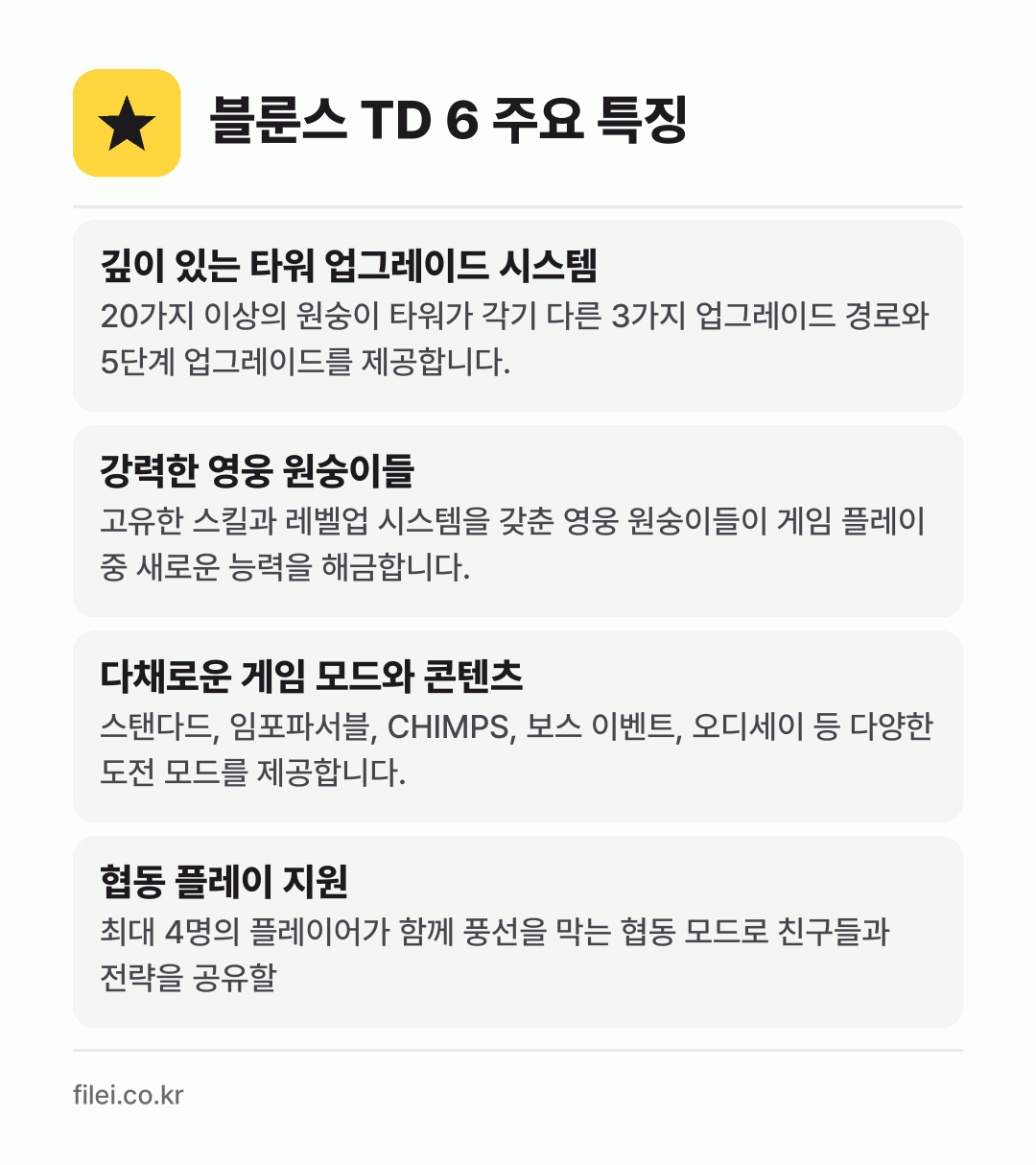 블룬스 TD 6 주요 특징: 깊이 있는 타워 업그레이드 시스템, 강력한 영웅 원숭이들, 다채로운 게임 모드와 콘텐츠, 협동 플레이 지원