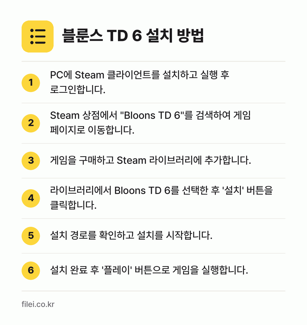 블룬스 TD 6 설치 방법: PC에 Steam 클라이언트를 설치하고 실… → Steam 상점에서 "Bloons TD 6… → 게임을 구매하고 Steam 라이브러리에 추… → 라이브러리에서 Bloons TD 6를 선택… → 설치 경로를 확인하고 설치를 시작합니다. → 설치 완료 후 '플레이' 버튼으로 게임을…
