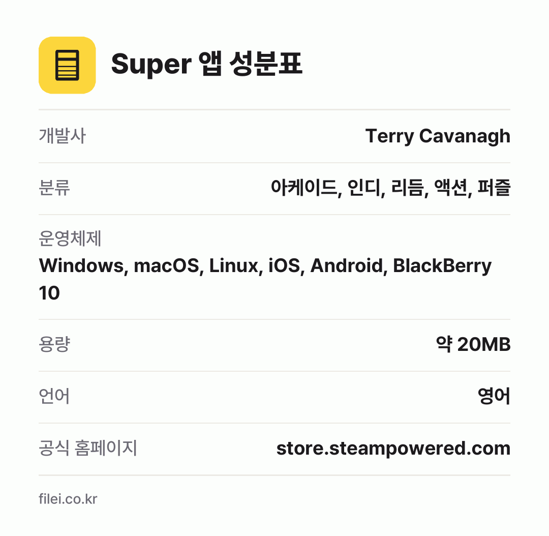 Super 앱 성분표: 개발사 Terry Cavanagh, 분류 아케이드, 인디, 리듬, 액션, 퍼즐, 운영체제 Windows, macOS, Linux, iOS, Android, BlackBerry 10, 용량 약 20MB, 언어 영어