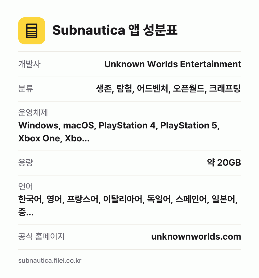 Subnautica 앱 성분표: 개발사 Unknown Worlds Entertainment, 분류 생존, 탐험, 어드벤처, 오픈월드, 크래프팅, 운영체제 Windows, macOS, PlayStation 4, PlayStation 5, Xbox One, Xbo…, 용량 약 20GB, 언어 한국어, 영어, 프랑스어, 이탈리아어, 독일어, 스페인어, 일본어,