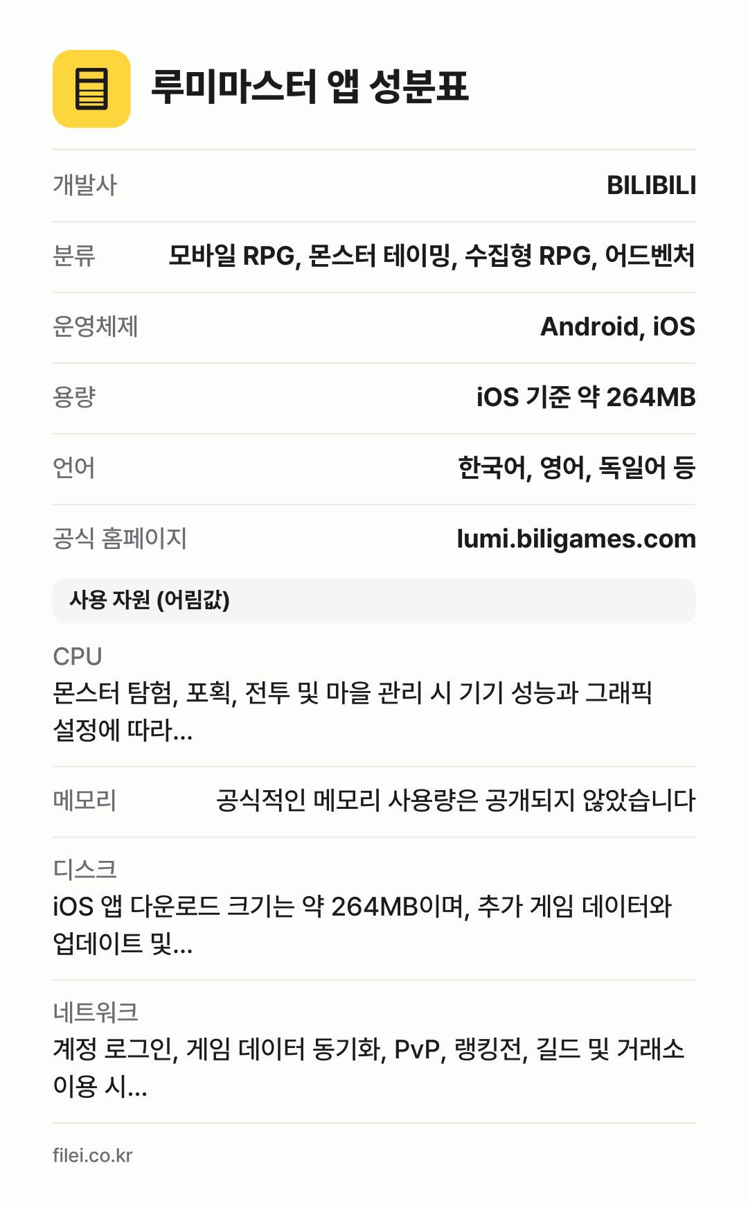루미마스터 앱 성분표: 개발사 BILIBILI, 분류 모바일 RPG, 몬스터 테이밍, 수집형 RPG, 어드벤처, 운영체제 Android, iOS, 용량 iOS 기준 약 264MB, 언어 한국어, 영어, 독일어 등