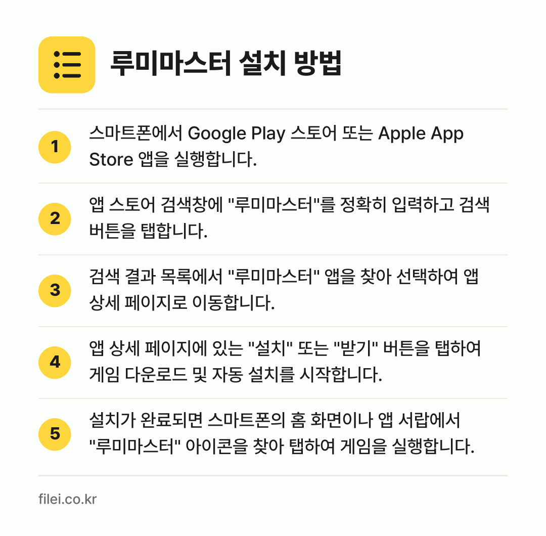 루미마스터 설치 방법: 스마트폰에서 Google Play 스토어… → 앱 스토어 검색창에 "루미마스터"를 정확히… → 검색 결과 목록에서 "루미마스터" 앱을 찾… → 앱 상세 페이지에 있는 "설치" 또는 "받… → 설치가 완료되면 스마트폰의 홈 화면이나 앱…