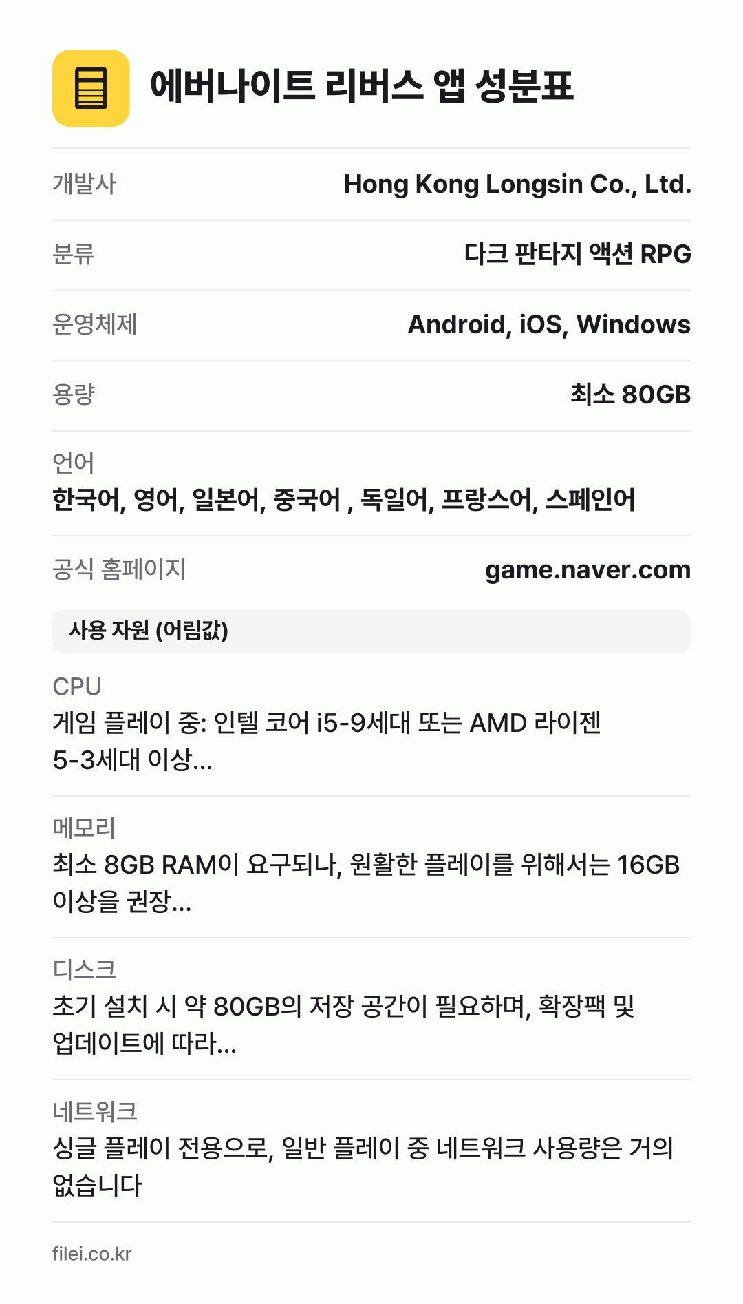 에버나이트 리버스 앱 성분표: 개발사 Hong Kong Longsin Co., Ltd., 분류 다크 판타지 액션 RPG, 운영체제 Android, iOS, Windows, 용량 최소 80GB, 언어 한국어, 영어, 일본어, 중국어 , 독일어, 프랑스어, 스페인어