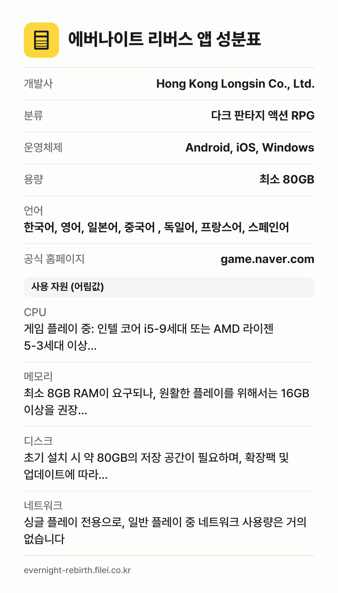 에버나이트 리버스 앱 성분표: 개발사 Hong Kong Longsin Co., Ltd., 분류 다크 판타지 액션 RPG, 운영체제 Android, iOS, Windows, 용량 최소 80GB, 언어 한국어, 영어, 일본어, 중국어 , 독일어, 프랑스어, 스페인어