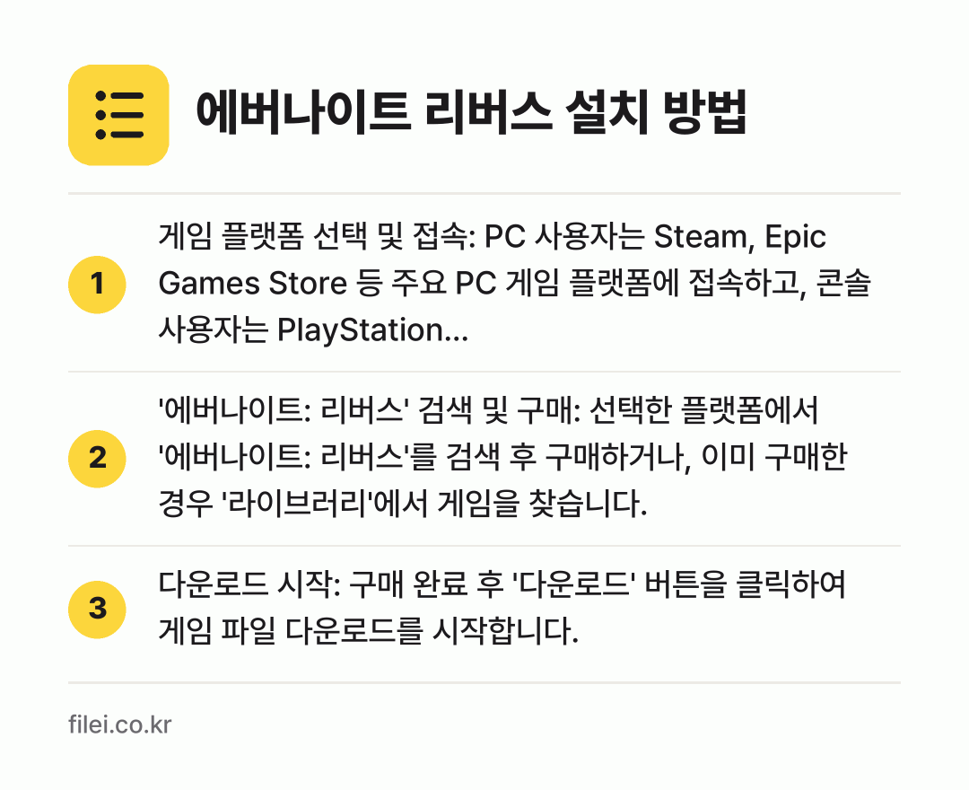 에버나이트 리버스 설치 방법: 게임 플랫폼 선택 및 접속: PC 사용자는… → '에버나이트: 리버스' 검색 및 구매: 선… → 다운로드 시작: 구매 완료 후 '다운로드'…