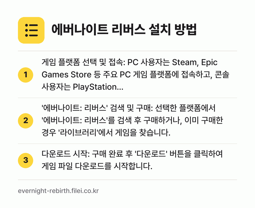 에버나이트 리버스 설치 방법: 게임 플랫폼 선택 및 접속: PC 사용자는… → '에버나이트: 리버스' 검색 및 구매: 선… → 다운로드 시작: 구매 완료 후 '다운로드'…