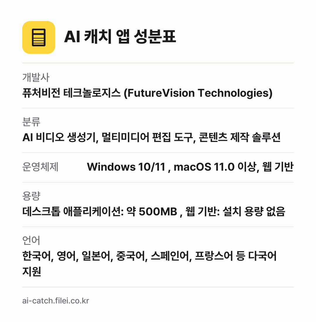 AI 캐치 앱 성분표: 개발사 퓨처비전 테크놀로지스 (FutureVision Technologies), 분류 AI 비디오 생성기, 멀티미디어 편집 도구, 콘텐츠 제작 솔루션, 운영체제 Windows 10/11 , macOS 11.0 이상, 웹 기반, 용량 데스크톱 애플리케이션: 약 500MB , 웹 기반: 설치 용량 없음, 언어 한국어, 영어, 일본어, 중