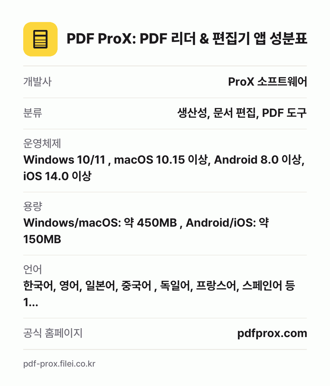 PDF ProX: PDF 리더 & 편집기 앱 성분표: 개발사 ProX 소프트웨어, 분류 생산성, 문서 편집, PDF 도구, 운영체제 Windows 10/11 , macOS 10.15 이상, Android 8.0 이상, iOS 14.0 이상, 용량 Windows/macOS: 약 450MB , Android/iOS: 약 150MB, 언어 한국어, 영어, 일본어