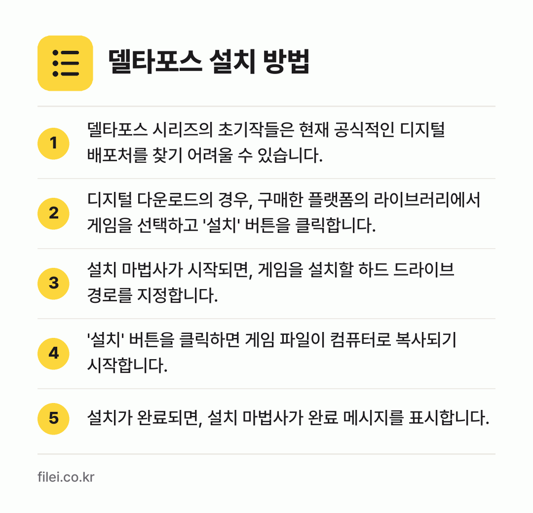 델타포스 설치 방법: 델타포스 시리즈의 초기작들은 현재 공식적인… → 디지털 다운로드의 경우, 구매한 플랫폼의… → 설치 마법사가 시작되면, 게임을 설치할 하… → '설치' 버튼을 클릭하면 게임 파일이 컴퓨… → 설치가 완료되면, 설치 마법사가 완료 메시…