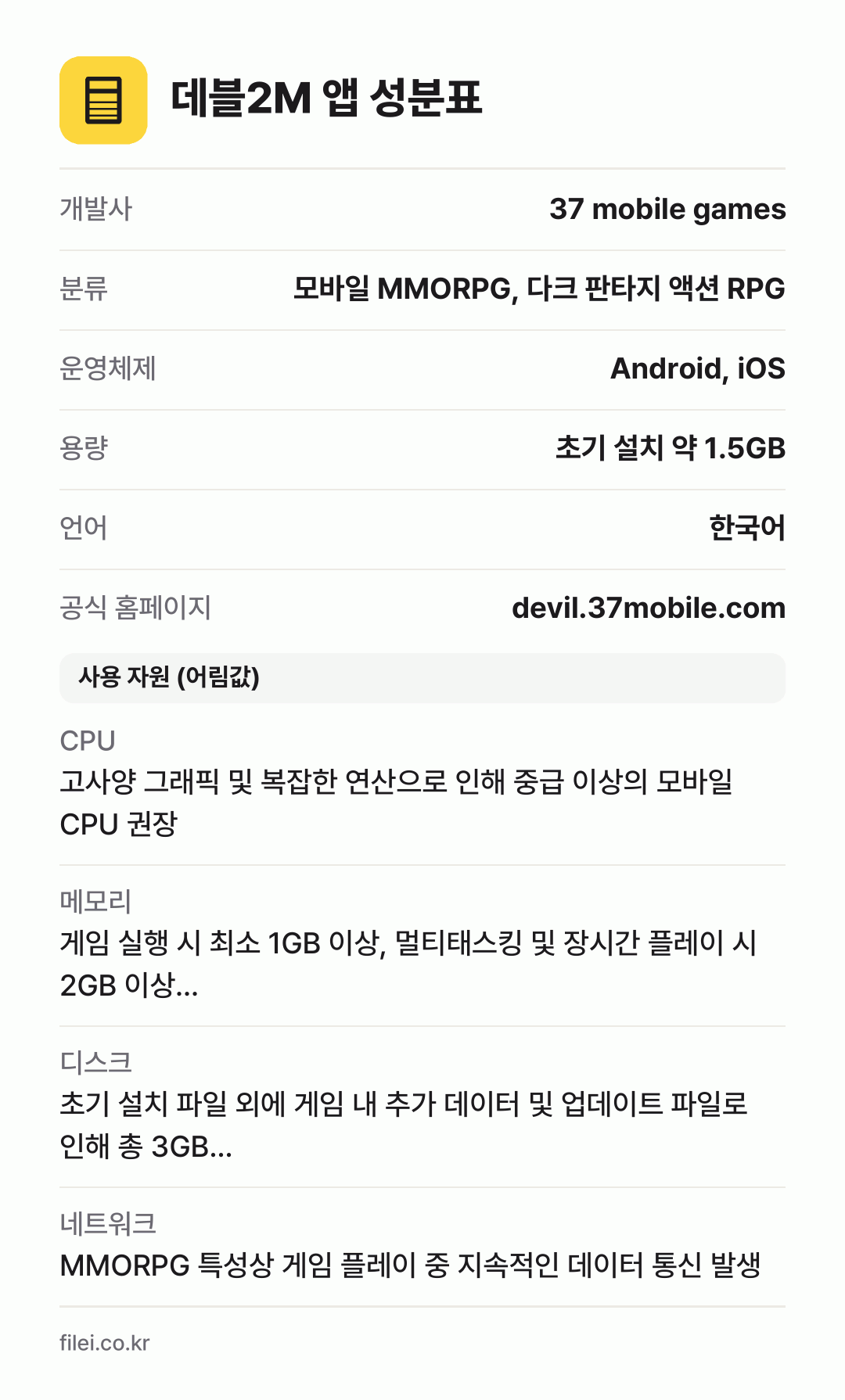 데블2M 앱 성분표: 개발사 37 mobile games, 분류 모바일 MMORPG, 다크 판타지 액션 RPG, 운영체제 Android, iOS, 용량 초기 설치 약 1.5GB, 언어 한국어