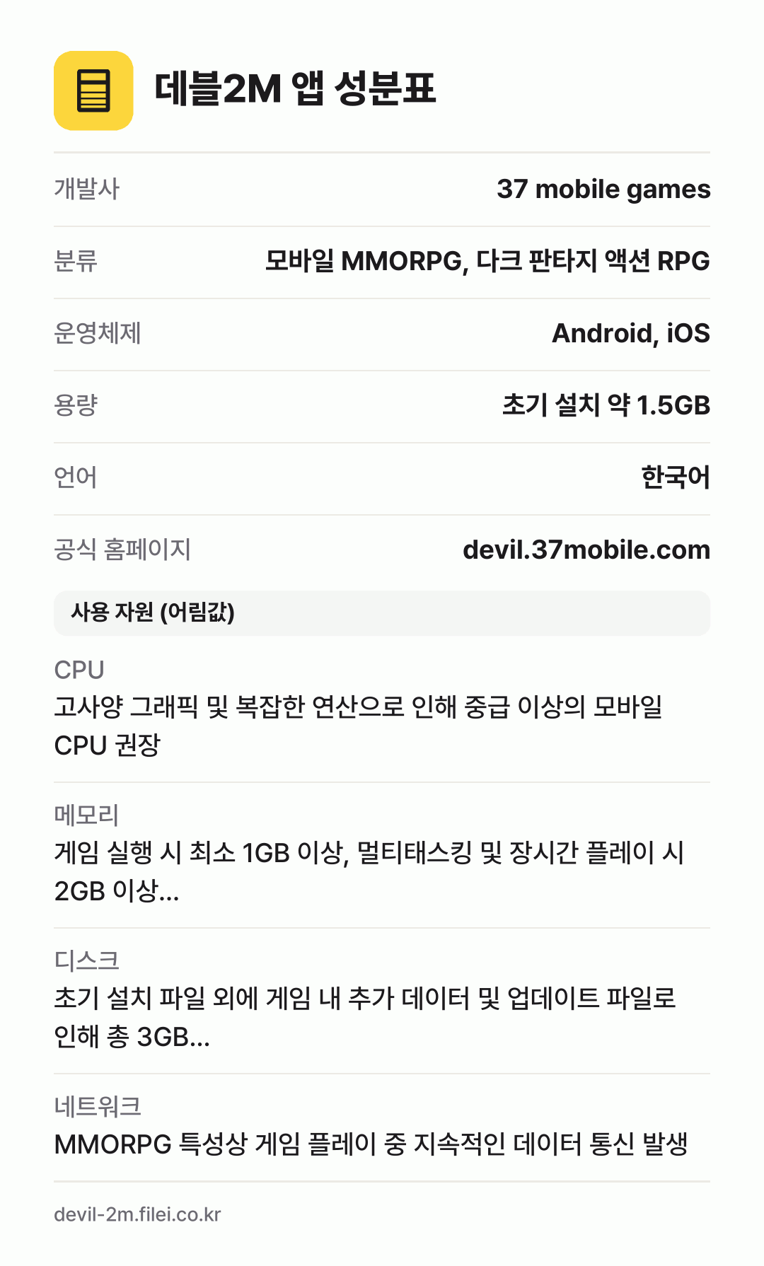 데블2M 앱 성분표: 개발사 37 mobile games, 분류 모바일 MMORPG, 다크 판타지 액션 RPG, 운영체제 Android, iOS, 용량 초기 설치 약 1.5GB, 언어 한국어