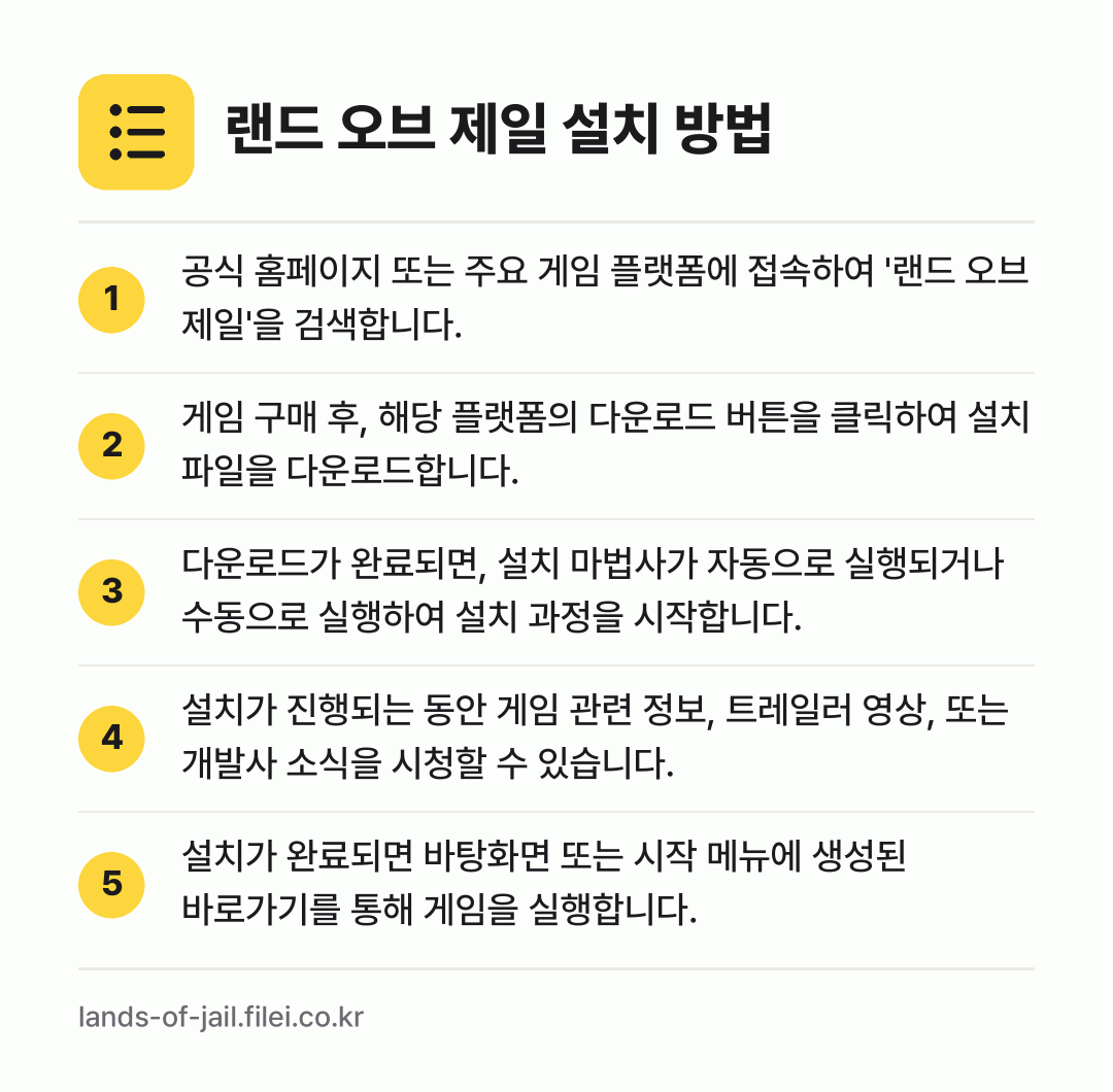 랜드 오브 제일 설치 방법: 공식 홈페이지 또는 주요 게임 플랫폼에 접… → 게임 구매 후, 해당 플랫폼의 다운로드 버… → 다운로드가 완료되면, 설치 마법사가 자동으… → 설치가 진행되는 동안 게임 관련 정보, 트… → 설치가 완료되면 바탕화면 또는 시작 메뉴에…