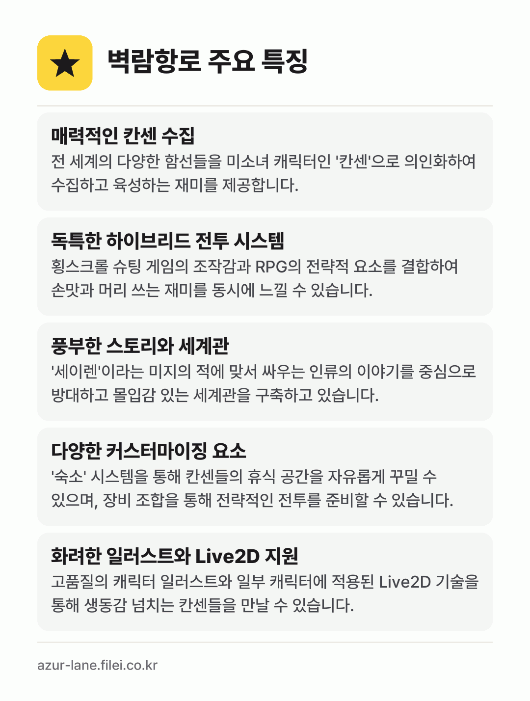 벽람항로 주요 특징: 매력적인 칸센 수집, 독특한 하이브리드 전투 시스템, 풍부한 스토리와 세계관, 다양한 커스터마이징 요소, 화려한 일러스트와 Live2D 지원