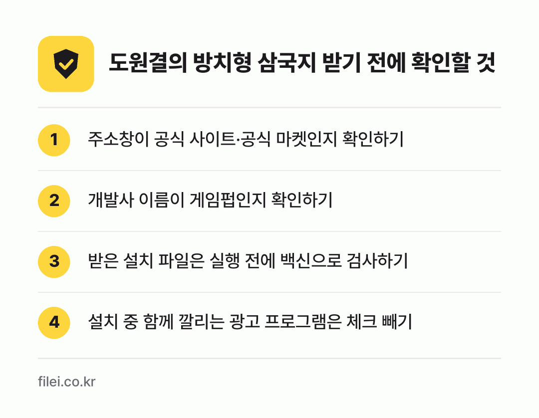 도원결의 방치형 삼국지 받기 전에 확인할 것: 주소창이 공식 사이트·공식 마켓인지 확인하기, 개발사 이름이 게임펍인지 확인하기, 받은 설치 파일은 실행 전에 백신으로 검사하기, 설치 중 함께 깔리는 광고 프로그램은 체크 빼기