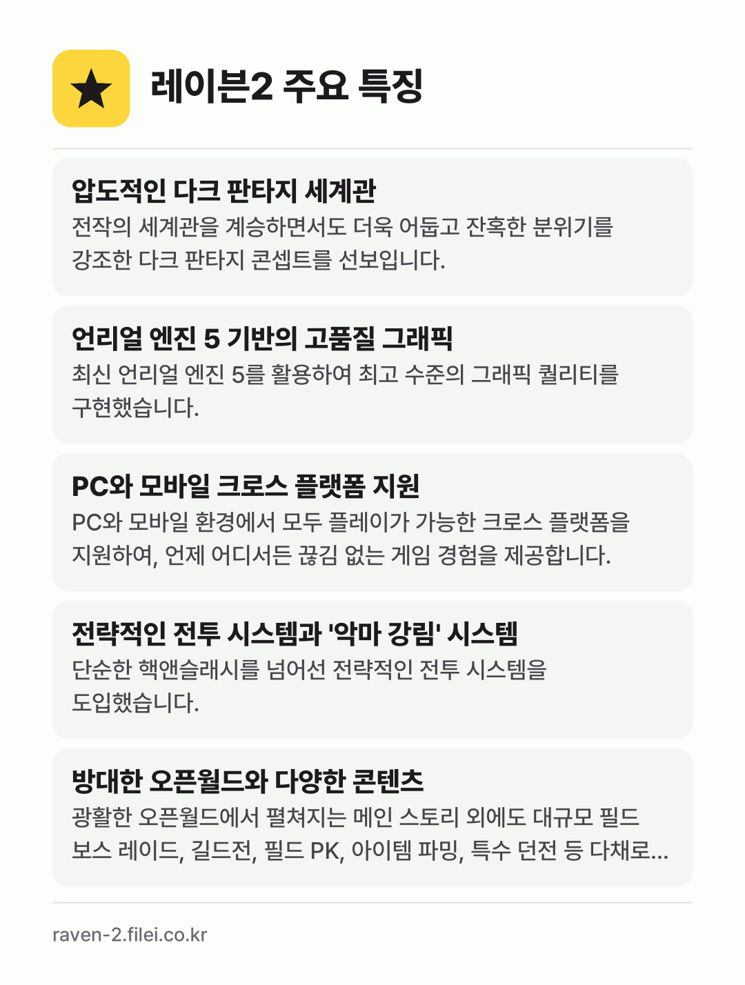 레이븐2 주요 특징: 압도적인 다크 판타지 세계관, 언리얼 엔진 5 기반의 고품질 그래픽, PC와 모바일 크로스 플랫폼 지원, 전략적인 전투 시스템과 '악마 강림' 시스템, 방대한 오픈월드와 다양한 콘텐츠