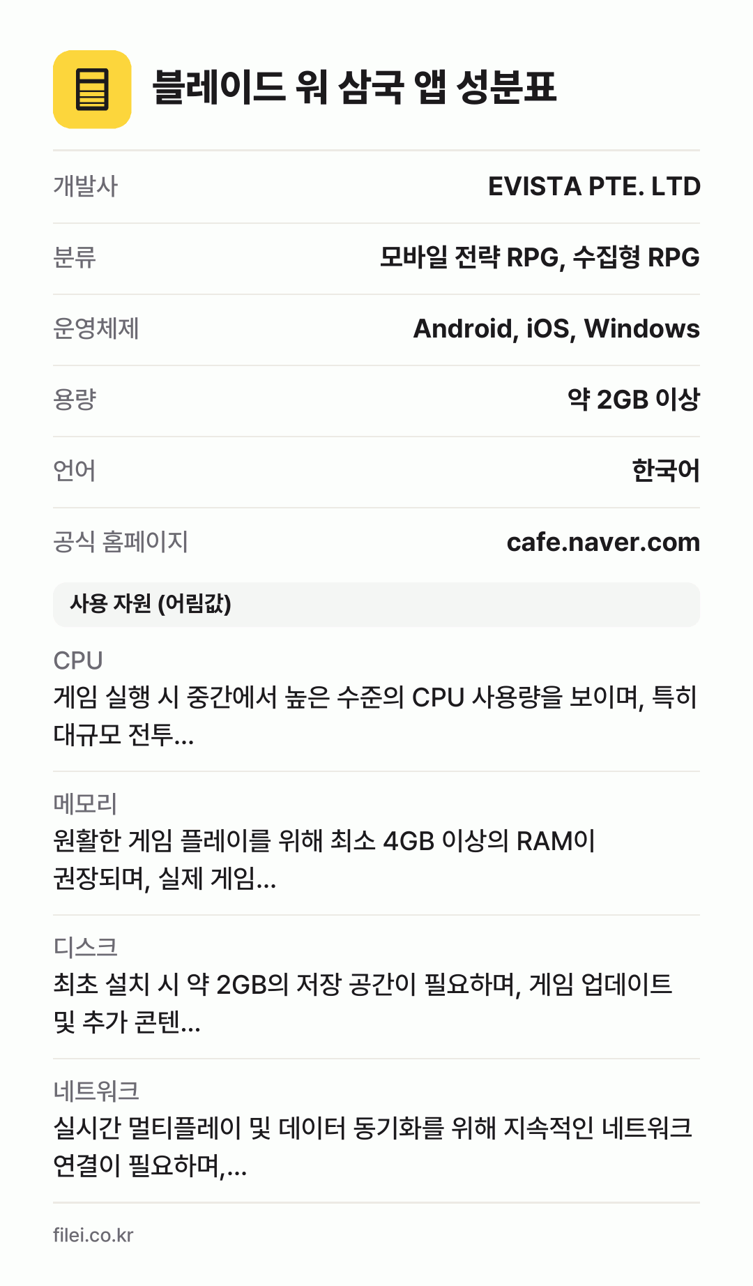 블레이드 워 삼국 앱 성분표: 개발사 EVISTA PTE. LTD, 분류 모바일 전략 RPG, 수집형 RPG, 운영체제 Android, iOS, Windows, 용량 약 2GB 이상, 언어 한국어