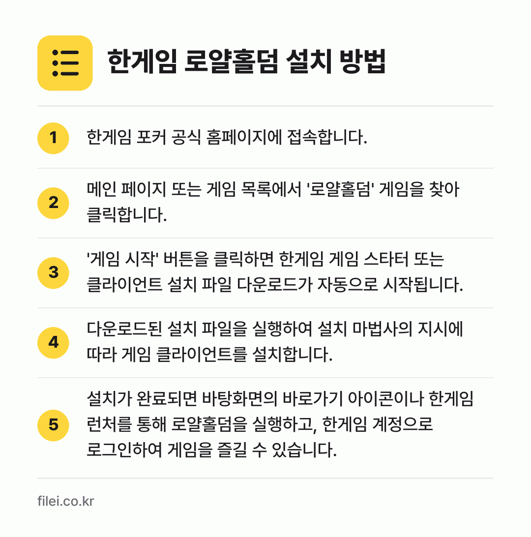 한게임 로얄홀덤 설치 방법: 한게임 포커 공식 홈페이지에 접속합니다. → 메인 페이지 또는 게임 목록에서 '로얄홀덤… → '게임 시작' 버튼을 클릭하면 한게임 게임… → 다운로드된 설치 파일을 실행하여 설치 마법… → 설치가 완료되면 바탕화면의 바로가기 아이콘…