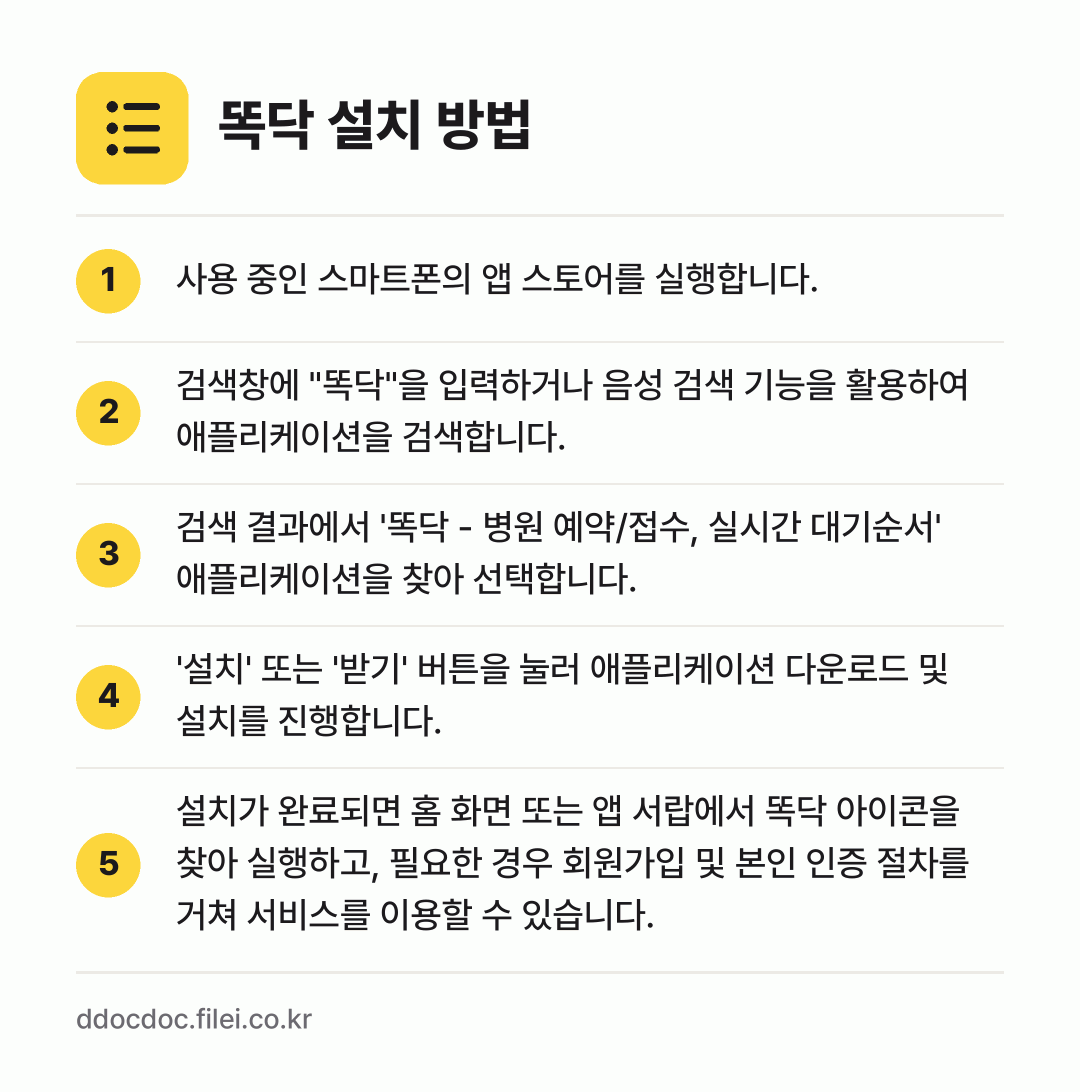 똑닥 설치 방법: 사용 중인 스마트폰의 앱 스토어를 실행합니… → 검색창에 "똑닥"을 입력하거나 음성 검색… → 검색 결과에서 '똑닥 - 병원 예약/접수,… → '설치' 또는 '받기' 버튼을 눌러 애플리… → 설치가 완료되면 홈 화면 또는 앱 서랍에서…